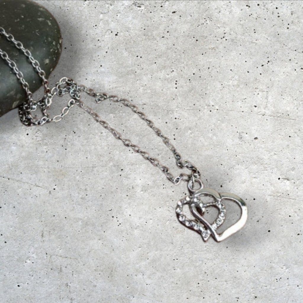 Rhinestone Double Heart Charm Stainless Steel Chain Necklace